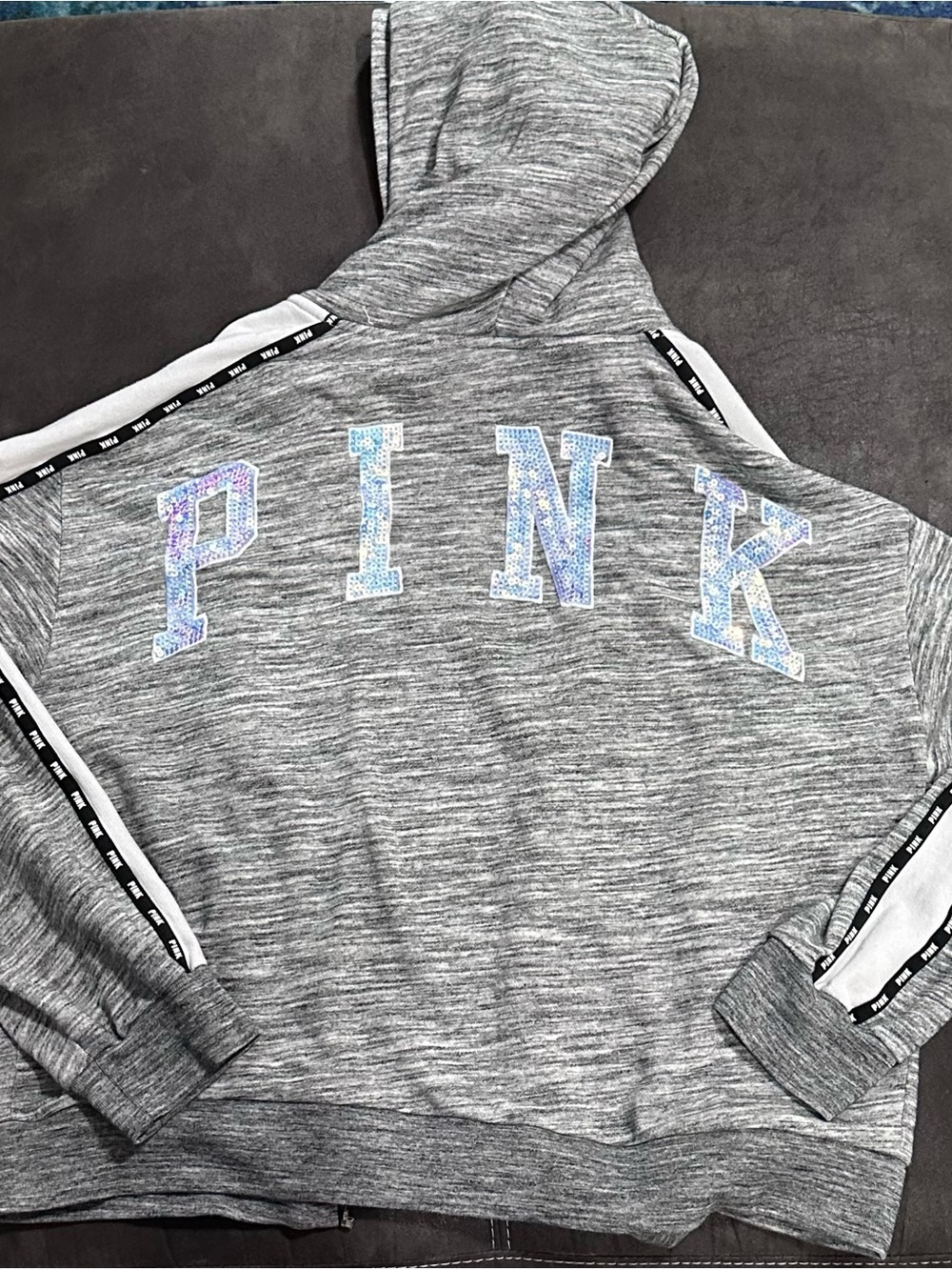 PINK Victoria's Secret Grey Hooded Sweatshirt with Iridescent Logo